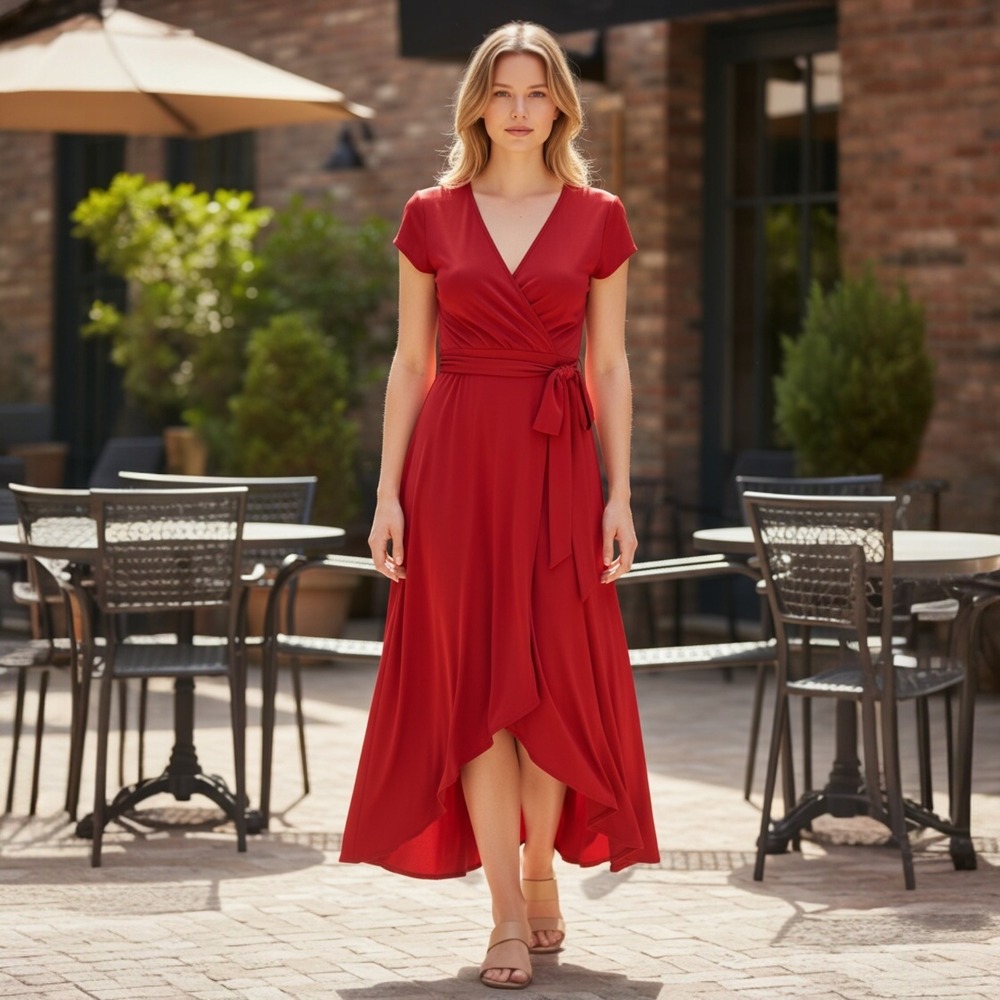 Michael Kors High-Low Wrap Dress 8 Coral V-Neck Short Sleeve Glam Romantic Chic - Picture 11 of 11